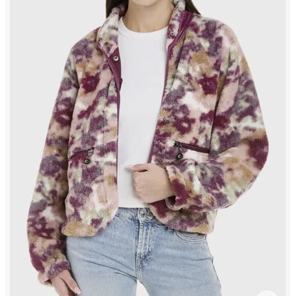 Johnny Was Calme Jacket Womens M Pink Fleece Bomber Watercolor Floral Camo - Picture 1 of 7